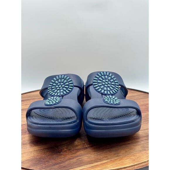 CROCS Monterey Diamante Wedge Women's 5 Navy Blue Slides Open Toe Shoes - Picture 2 of 9